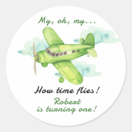 Pegatina Redonda Avión Oh Mi Vuelo Tiempo Viaja Primer Cumpleaños