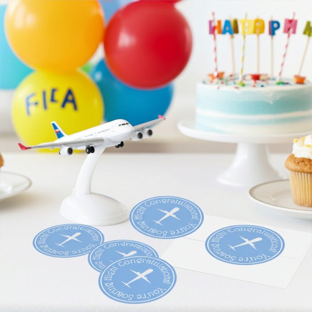 Pegatina Redonda Avión personalizado con felicitaciones azules aume (Subido por el creador)