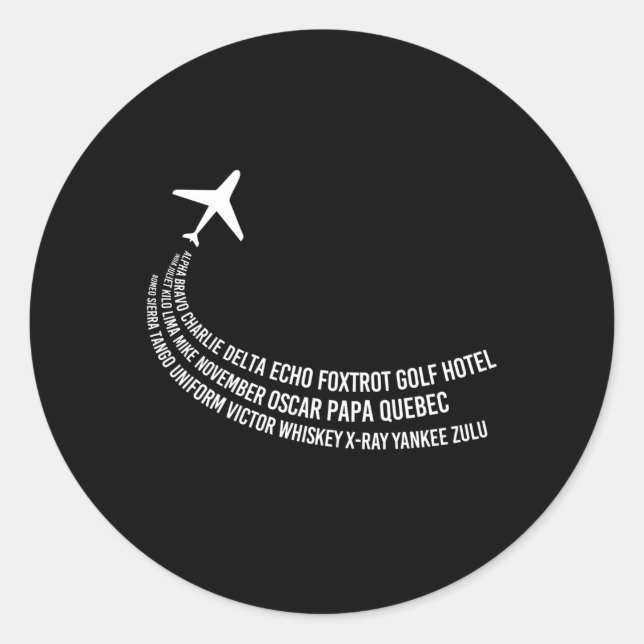 Pegatina Redonda Avión piloto de alfabetos fonético (Anverso)