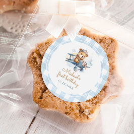 Pegatina Redonda Avión Teddy Bear Blue Primer cumpleaños