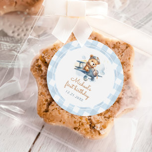 Pegatina Redonda Avión Teddy Bear Blue Primer cumpleaños