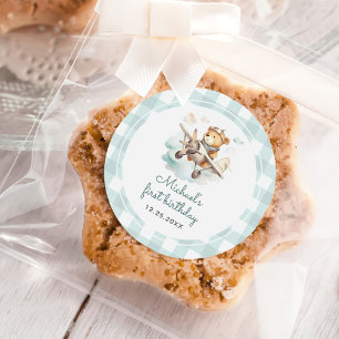 Pegatina Redonda Avión Teddy Bear Pastel Gingham Primer Cumpleaños