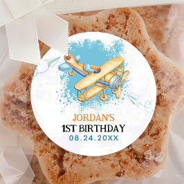 Pegatina Redonda Avión Vintage Fiesta de cumpleaños 1