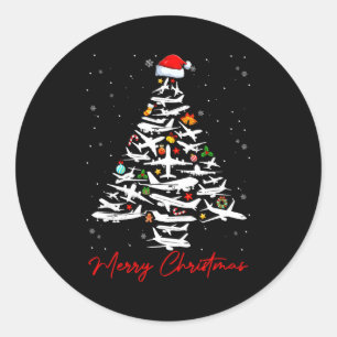Pegatina Redonda Aviones de árbol de Navidad Hombres Feliz Navidad