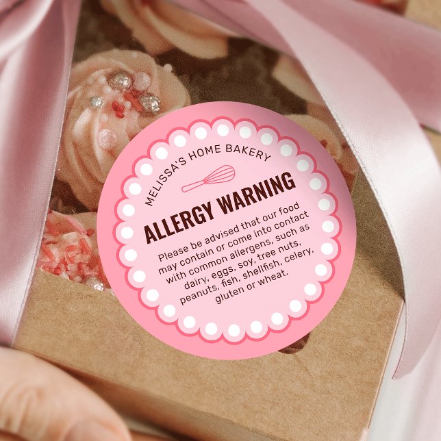 Pegatina Redonda Aviso de alerta sobre alérgenos de seguridad alime (feminine blush pink allergy warning food labels with retro frame motif)