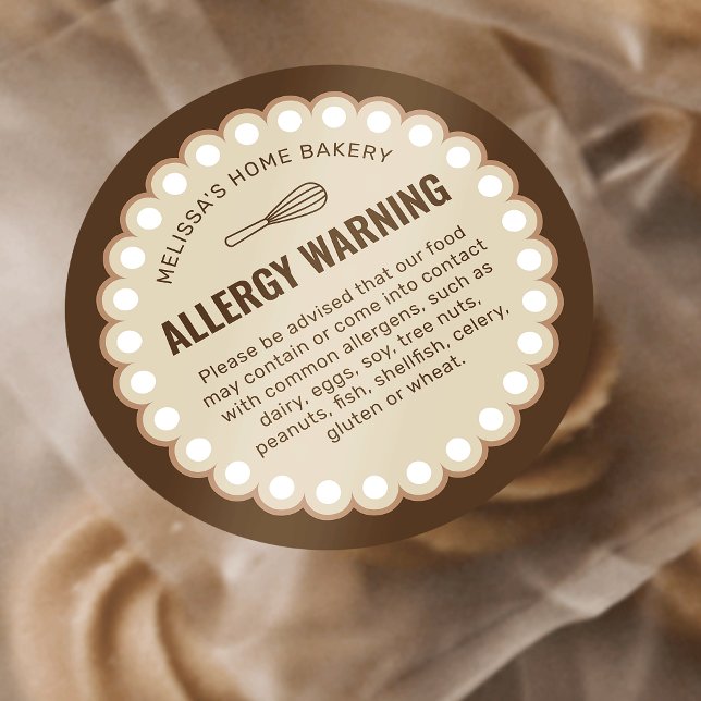 Pegatina Redonda Aviso de alerta sobre alérgenos de seguridad alime (neutral beige allergy warning food labels with retro frame motif)