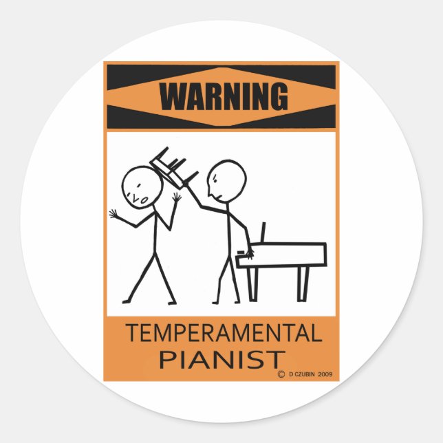 Pegatina Redonda Aviso Pianista Temperamental (Anverso)