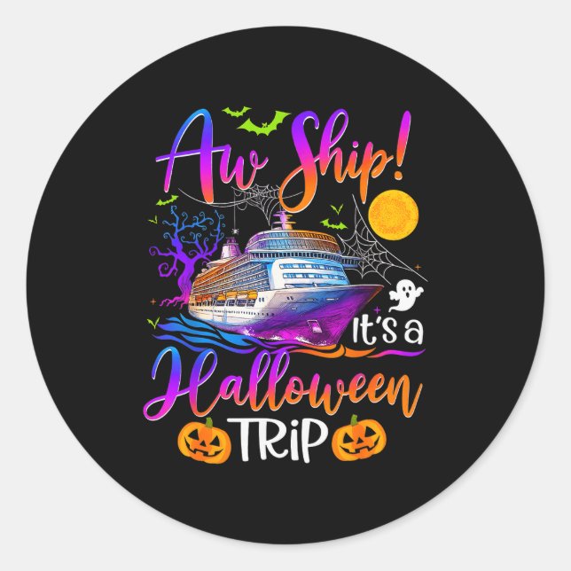 Pegatina Redonda Aw Ship Halloween Family Cruise Crew Family Vacati (Anverso)