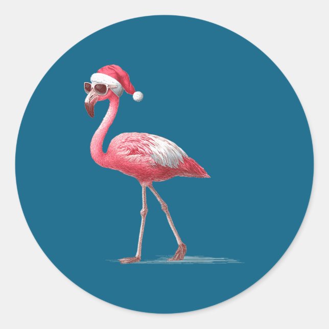 Pegatina Redonda Awesome Cool Flamingo With Christmas Hat And Sungl (Anverso)
