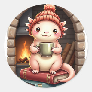 Pegatina Redonda Axolotl Adicto al Café Kawaii - Rincón Acogedor de