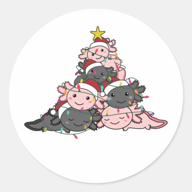 Pegatina Redonda Axolotl Árbol de Navidad Gracioso Navidad de anima (Anverso)
