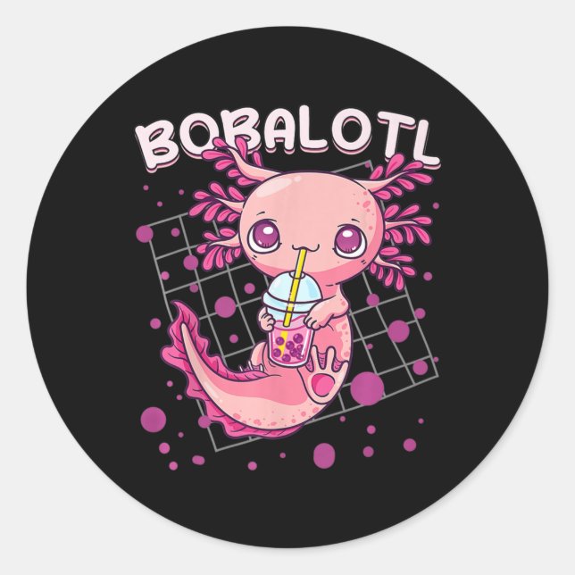 Pegatina Redonda Axolotl Boba Tea Bubble Tea Kawaii Anime Japonés (Anverso)