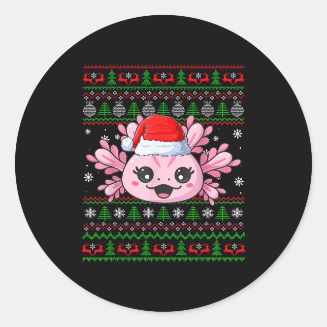 Pegatina Redonda Axolotl Christmas Ugly Sweater Santa Axolotl Head  (Anverso)