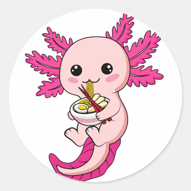 Pegatina Redonda Axolotl Comer fideos Ramen Kawaii Anime Classic (Anverso)