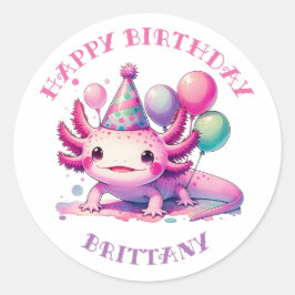 Pegatina Redonda Axolotl Feliz Cumpleaños Personalizado
