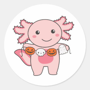 Pegatina Redonda Axolotl Feliz disfraz de calabaza de Halloween