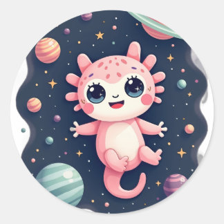 Pegatina Redonda Axolotl Galáctico Espacio Cósmico Kawaii - Lindo E