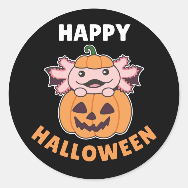 Pegatina Redonda Axolotl Happy Halloween Pumpkin Bat Costume Classi (Anverso)