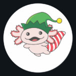 Pegatina Redonda Axolotl Merry Christmas Winter Elf Axolotl Classic<br><div class="desc">The axolotl to soft nights with elf hats. Funny animals with gifts and snow for the holidays. Also funny for christmas in July. Axolotls are cute animals and perfect for Christmas.</div>