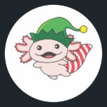 Pegatina Redonda Axolotl Merry Christmas Winter Elf Axolotl Classic<br><div class="desc">The axolotl to soft nights with elf hats. Funny animals with gifts and snow for the holidays. Also funny for christmas in July. Axolotls are cute animals and perfect for Christmas.</div>