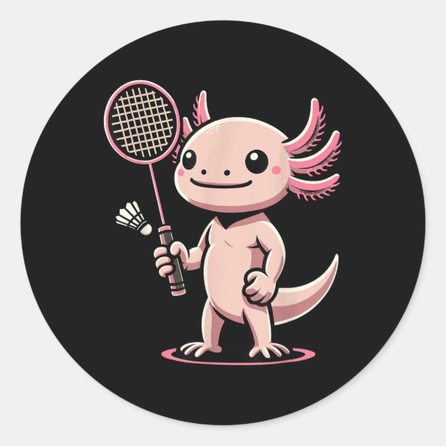Pegatina Redonda Axolotl Playing Badminton Player Shuttle Sport  (Anverso)