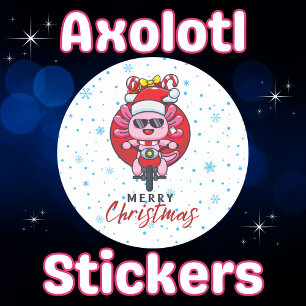 Pegatina Redonda Axolotl Santa en motocicleta Kawaii Style