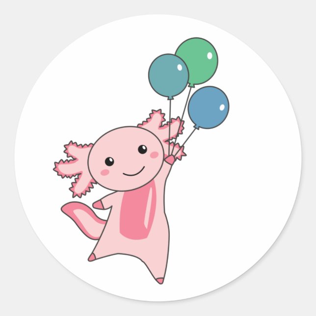 Pegatina Redonda Axolotl, un animal dulce, vuela con globos hacia a (Anverso)