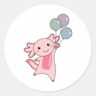 Pegatina Redonda Axolotl, un animal dulce, vuela con globos hacia a