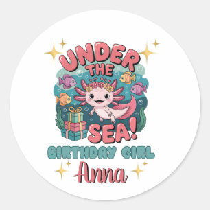 Pegatina Redonda Axolotl Under the Sea Birthday Chica Cute Ocean