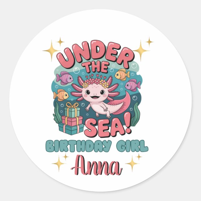 Pegatina Redonda Axolotl Under the Sea Birthday Chica Cute Ocean (Anverso)