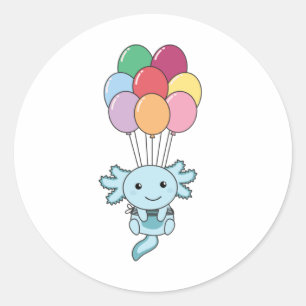 Pegatina Redonda Axolotl Voló Con Globos Coloridos