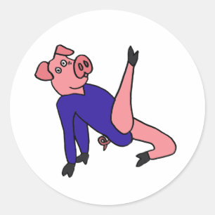 Pegatina Redonda AY- Gimnasta de cerdo rosa haciendo ejercicios en