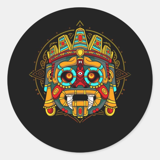 Pegatina Redonda Aztec God Tlaloc Mayo Mythology Deity Mexican Her (Anverso)