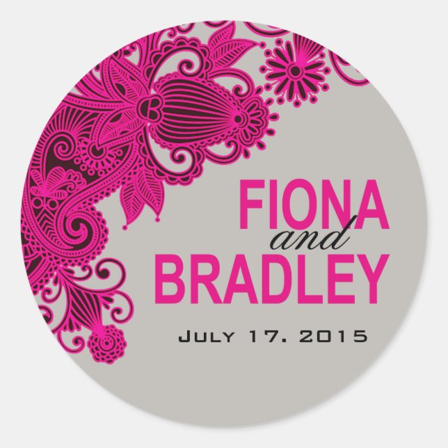 Pegatina Redonda Aztec Paisley - gris fuschia (Anverso)