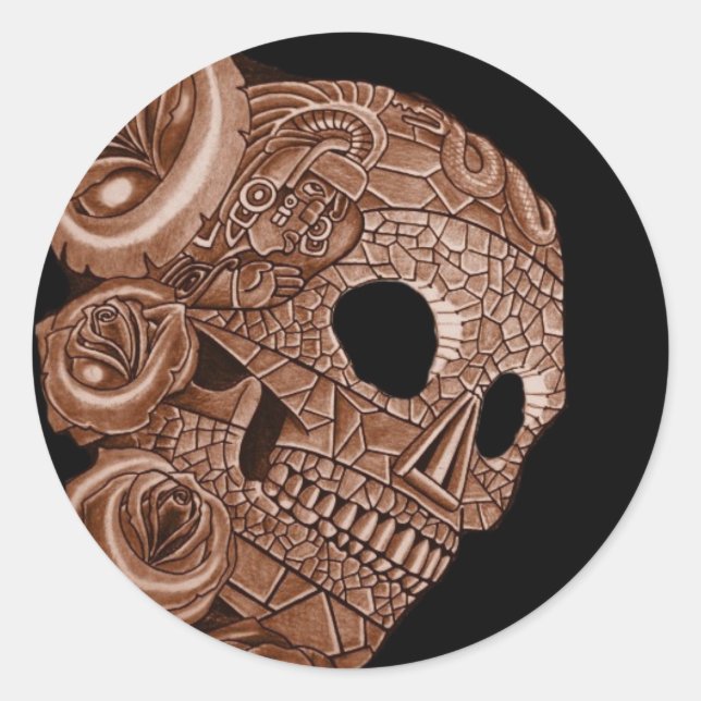 PEGATINA REDONDA AZTEC SKULL (Anverso)