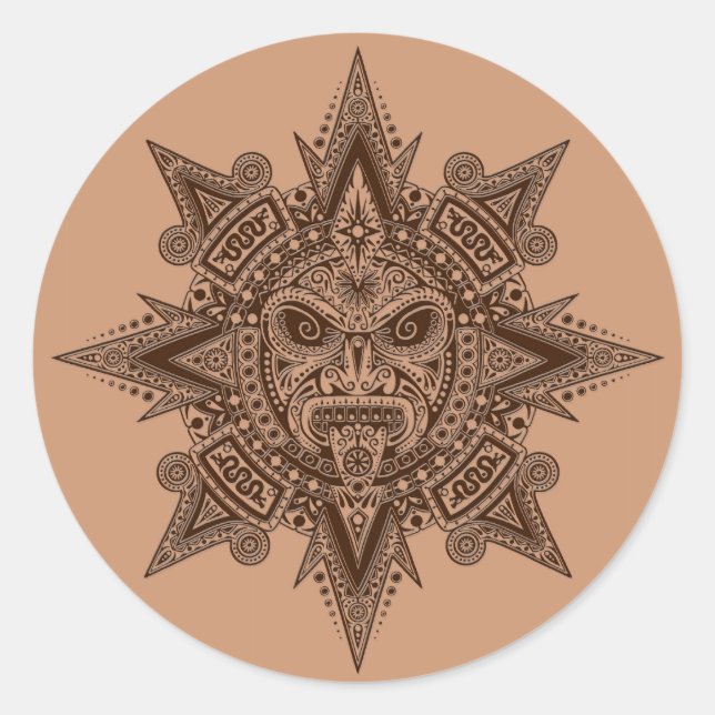 Pegatina Redonda Aztec Sun Mask Brown (Anverso)