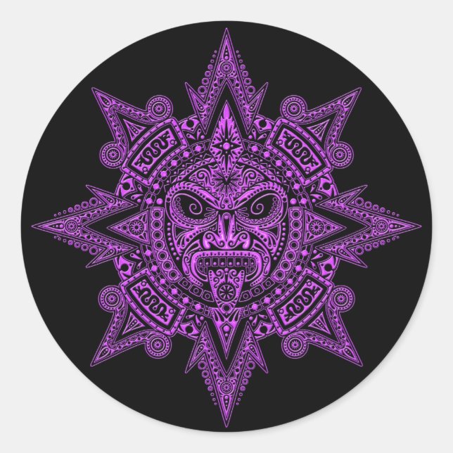 Pegatina Redonda Azteca Sun Mask Purple sobre negro (Anverso)