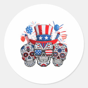 Pegatina Redonda Azúcar Calavera Sombras Fuego Bandera Americana 4