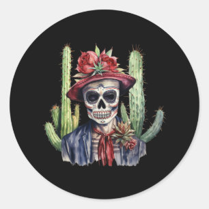 Pegatina Redonda Azúcar Skull Bandera Mexicana Cinco De Mayo Dia De
