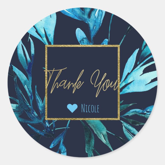 Pegatina Redonda Azul acuarela Botánica Glam Bridal Shower Favor (Anverso)