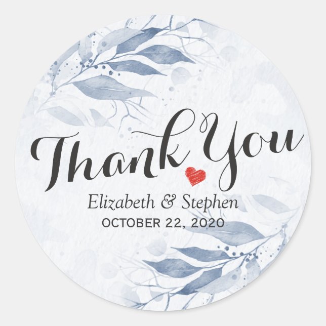 Pegatina Redonda Azul acuarela deja Boda botánico Gracias (Anverso)