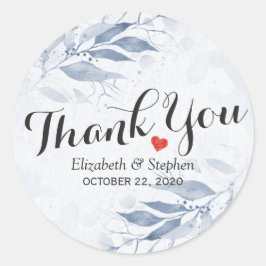 Pegatina Redonda Azul acuarela deja Boda botánico Gracias