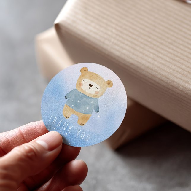 Pegatina Redonda Azul acuarela estilo lindo sueño oso Gracias (Pink and blue boy sleepy bear thank you sticker)