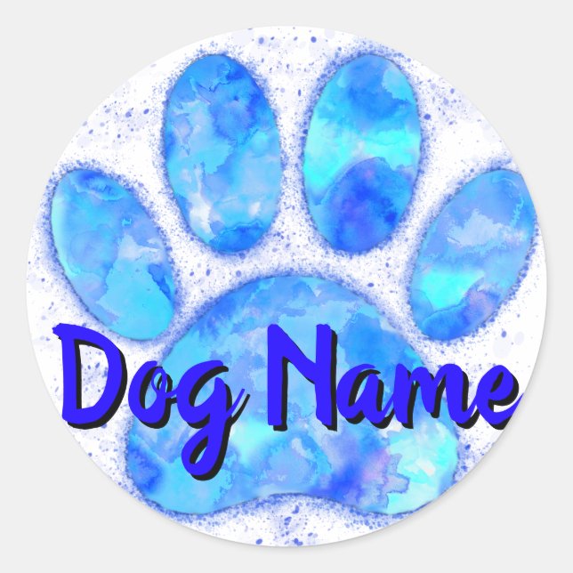 Pegatina Redonda Azul acuarela Perro Paw Imprimir con nombre person (Anverso)