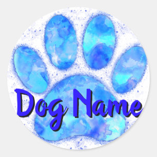 Pegatina Redonda Azul acuarela Perro Paw Imprimir con nombre person
