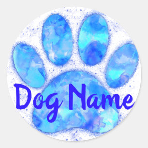 Pegatina Redonda Azul acuarela Perro Paw Imprimir con nombre person