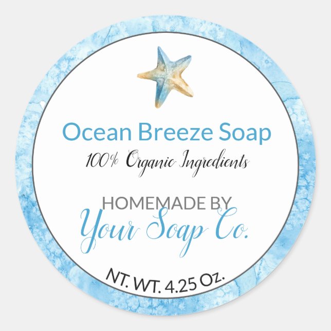 Pegatina Redonda Azul acuático Starfish Beach Jabón hecho a mano (Anverso)