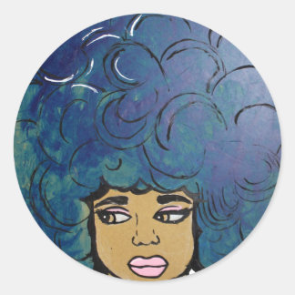 Pegatina Redonda Azul Afro Ebony Chica Gran Cabello