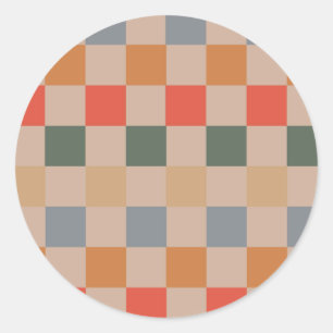 Pegatina Redonda Azul Beige Naranja Marrón Cuadros Vichy Estampado