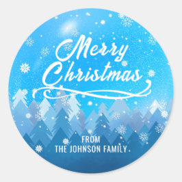 Pegatina Redonda Azul Blanca Nieve Pacífico Bosque Feliz Navidad